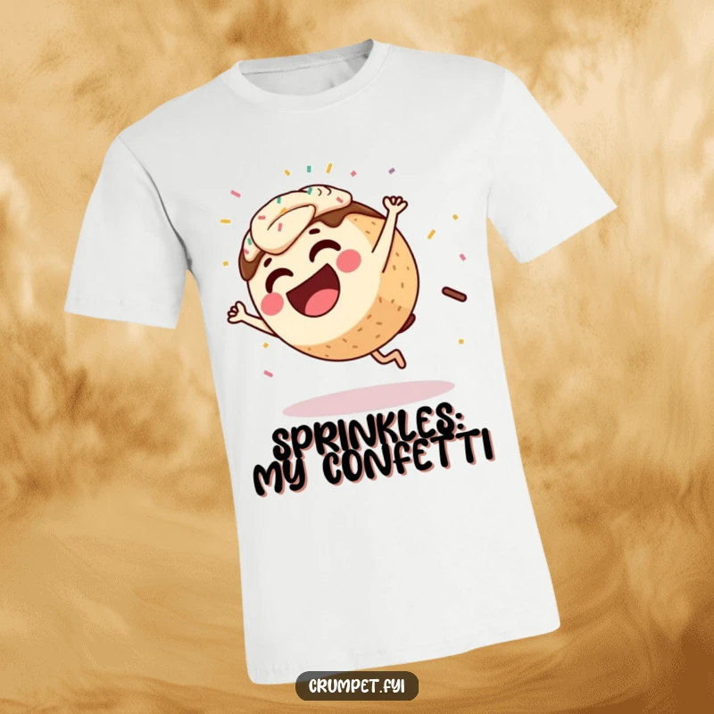 Funny Coffee Cake T-Shirt showcasing a laughing character performing a dynamic cartwheel with a trail of sprinkles, celebrating playful energy.