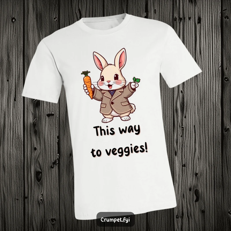 Funny rabbit t-shirt featuring a rabbit in a tweed jacket enthusiastically pointing with a carrot, stylish and funny gift.
