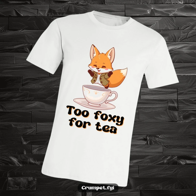 Funny T-Shirt depicting a playful fox wearing a tweed jacket, leaping over a teacup, great for stylish, humorous wear.