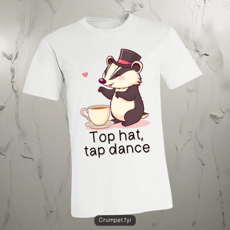 Funny T-Shirt: A cheerful badger dressed in a top hat performs a lively jig next to a teacup.