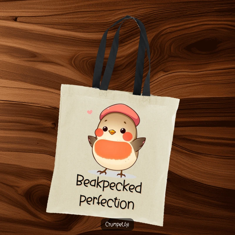 Funny chubby robin with a beret, singing eloquently, featured on a durable tote bag, a practical funny item.