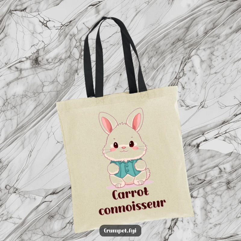 Funny fluffy bunny sporting a waistcoat, hopping happily, on a durable tote bag, a charming funny item.