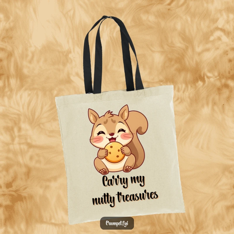 Funny delighted squirrel tote bag holding a round biscuit, a charming and practical accessory for snack lovers.