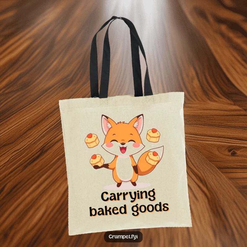 Funny tote bag featuring a joyful fox expertly juggling three miniature scones, perfect for carrying treats.