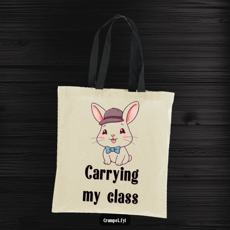 Funny tote bag featuring a happy rabbit wearing a bowler hat and bow tie, perfect for carrying essentials with sophisticated humor.