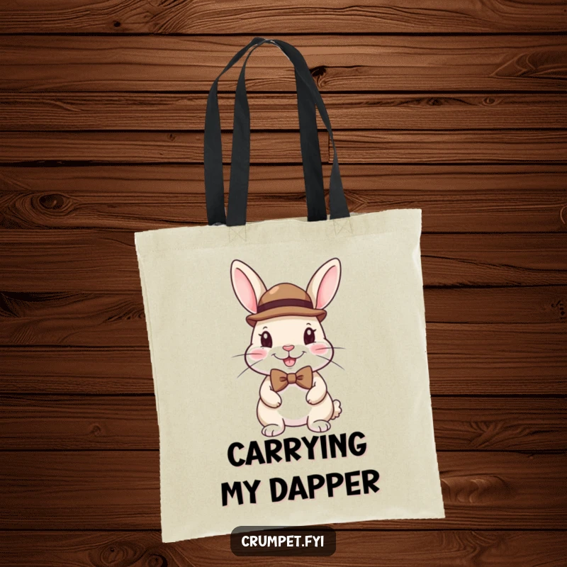 Funny tote bag featuring a happy rabbit dressed smartly in a bowler hat and bow tie, exuding charm.