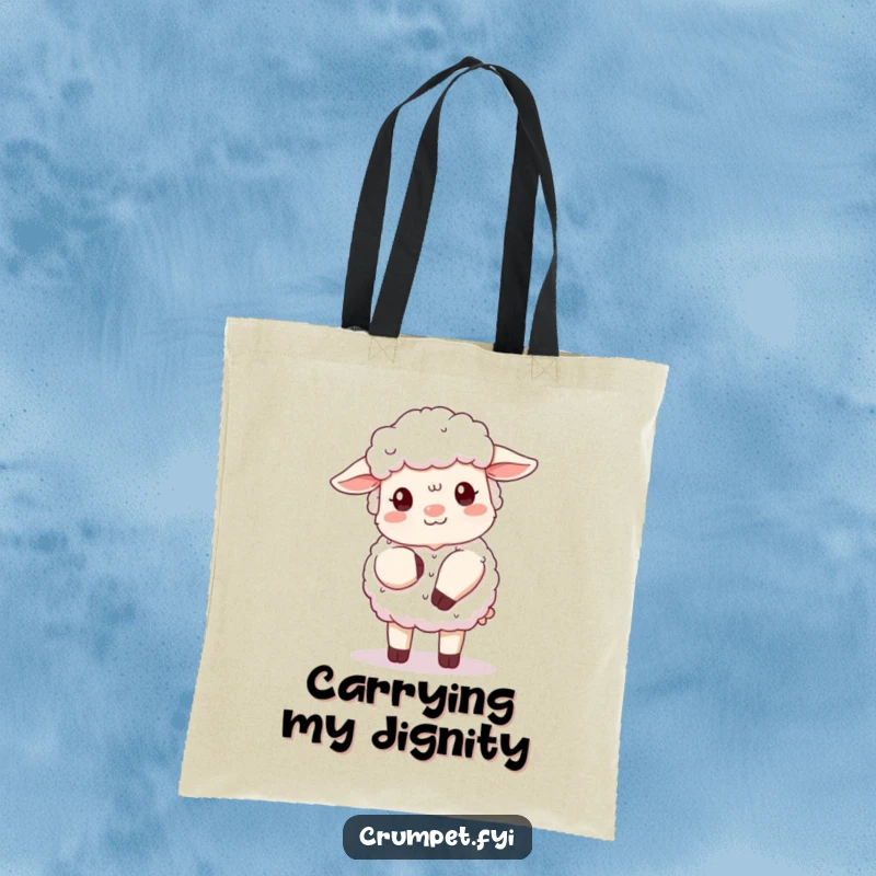 Funny fluffy sheep tote bag with a polite sheep doing a clumsy curtsy, ideal for shopping and humor lovers gift.
