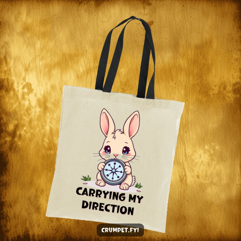 Funny Rabbit Tote Bag: A curious rabbit with bright eyes studies a compass, ideal for carrying essentials with humor and a funny gift.