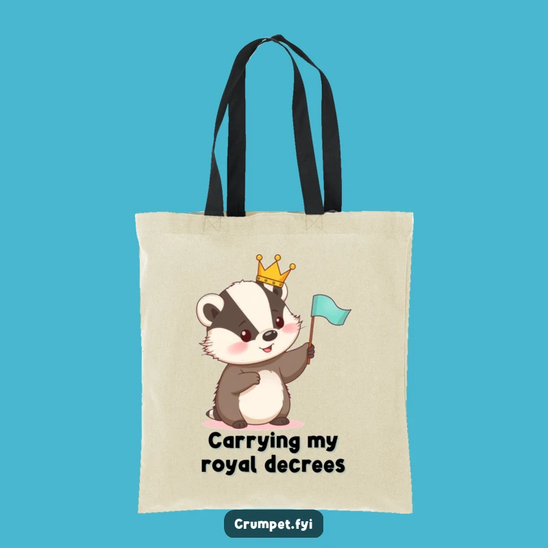Funny Cute Badger Tote Bag - Royal Crowned Animal Waving Flag, Stylish Funny Gift