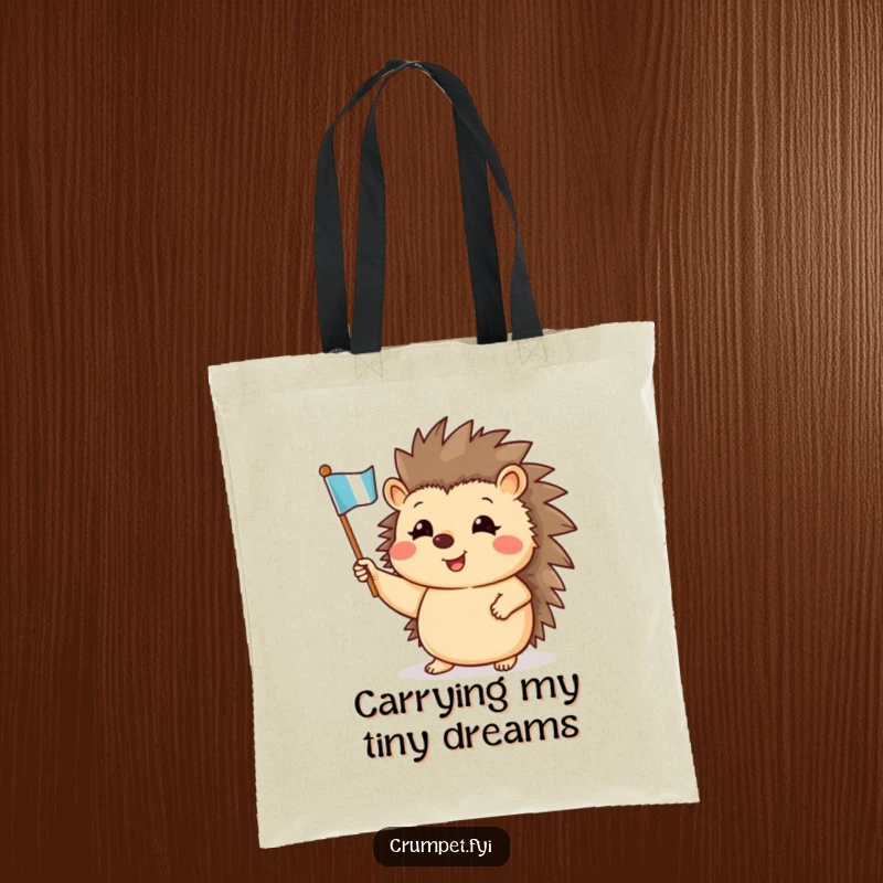 Funny tote bag showcasing a cheerful hedgehog waving a small flag, ideal for carrying items with joy.
