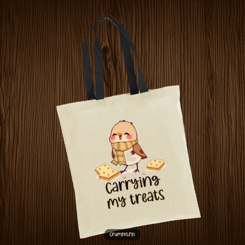 Funny Tote Bag: A jubilant robin wearing a scarf enjoys a tasty biscuit.