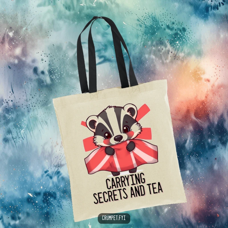 Funny badger tote bag, reusable shopping bag, curious animal peeking from teapot, humorous design, eco-friendly gift.