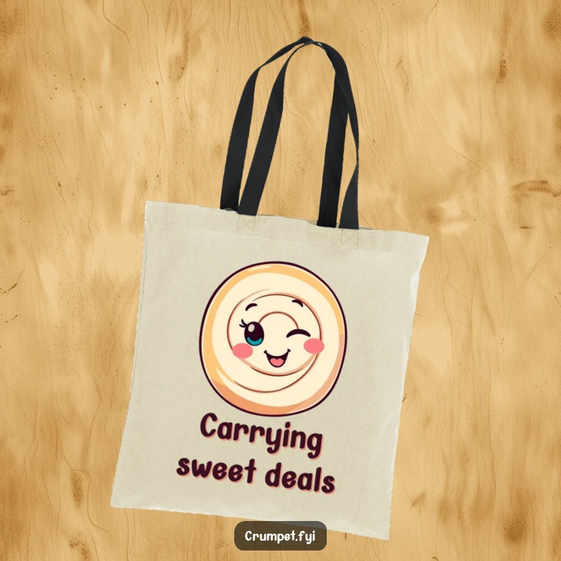 Funny Cinnamon Roll Tote Bag featuring a smiling character winking, adding a touch of sweet humor to your shopping trips.