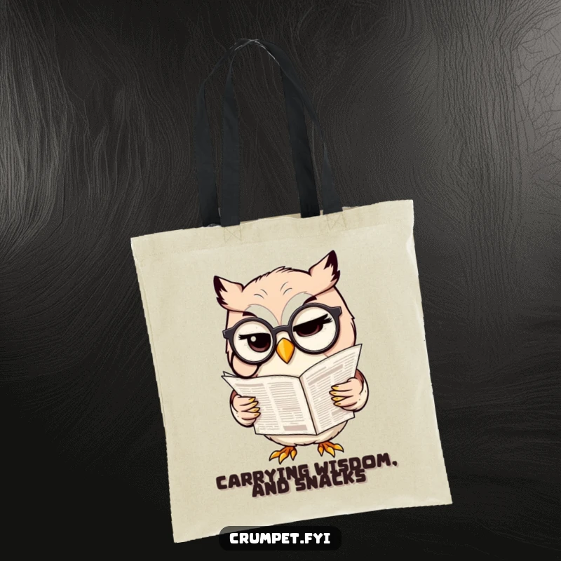 Funny tote bag showcasing a winking owl with a monocle reading a newspaper, perfect for carrying items with smarts.