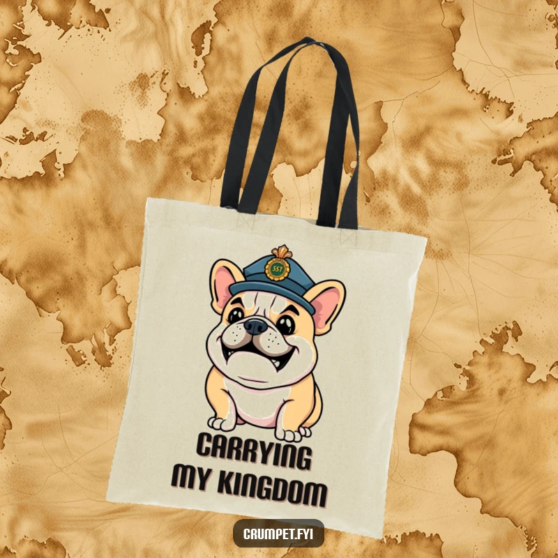 Funny Tote Bag: A happy bulldog wearing a ceremonial hat strikes a confident pose, perfect for carrying with dignity.