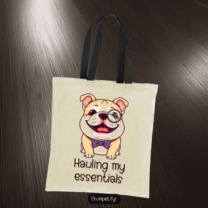 Funny Bulldog Tote Bag: A joyful bulldog wearing a monocle and bow tie, carrying essentials with dapper humor, a great funny gift.