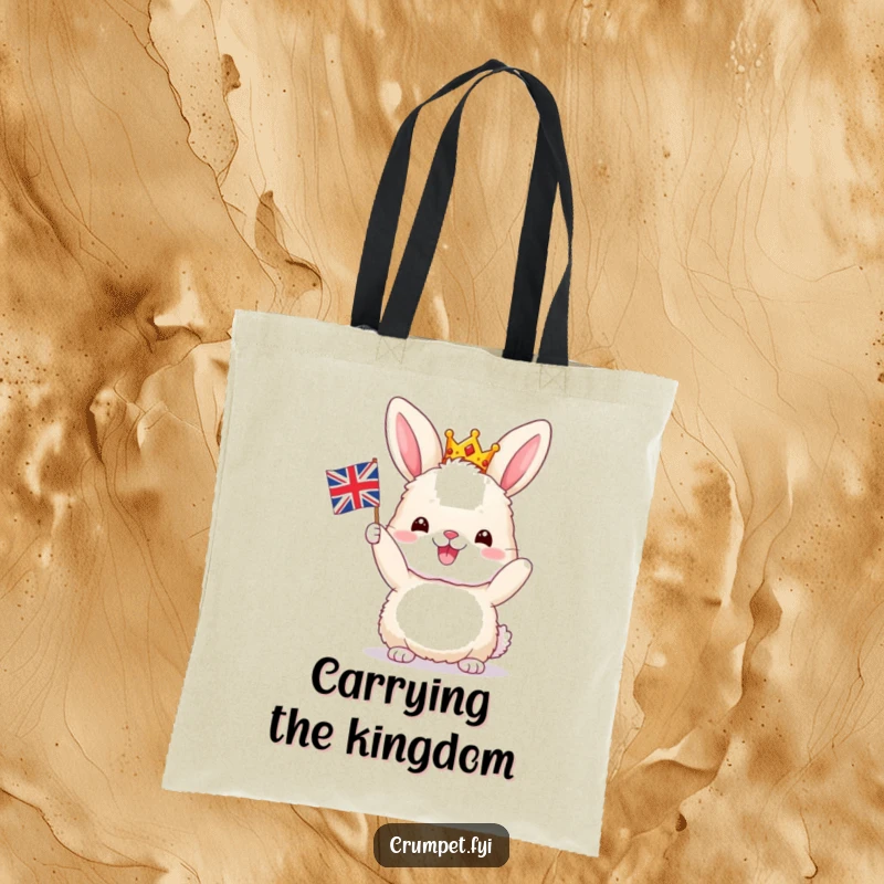 Funny Bunny Tote Bag: A fluffy bunny in a crown waves a miniature Union Jack, a cute and funny accessory for daily use.
