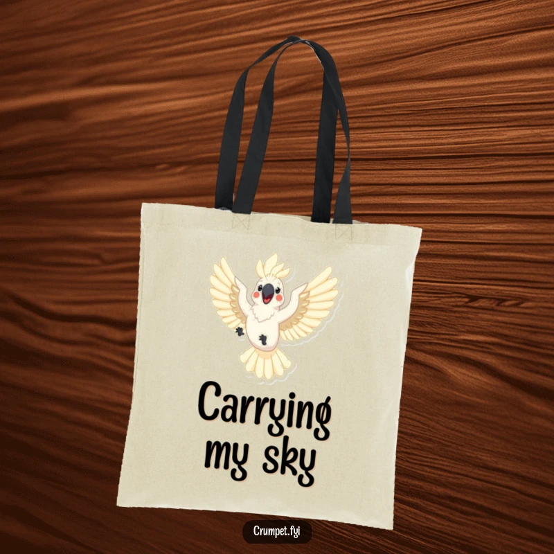Funny cockatoo tote bag with a happy cockatoo flying with outstretched wings. A joyful and humorous bag for everyday use.
