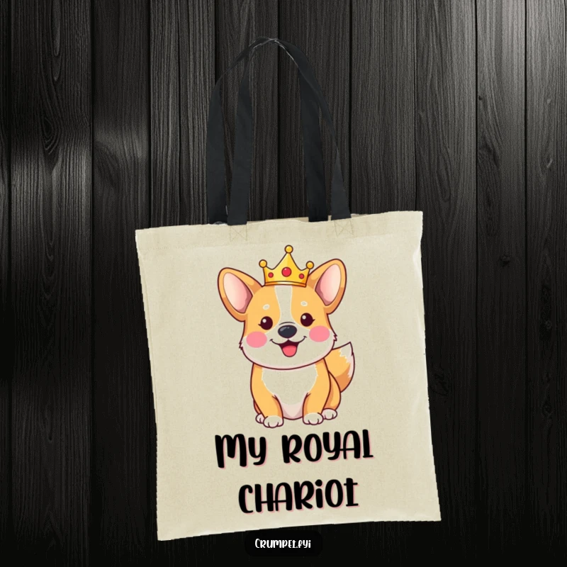Funny happy corgi tote bag wearing a tiny crown, tail wagging, a royal and charming accessory for dog lovers.
