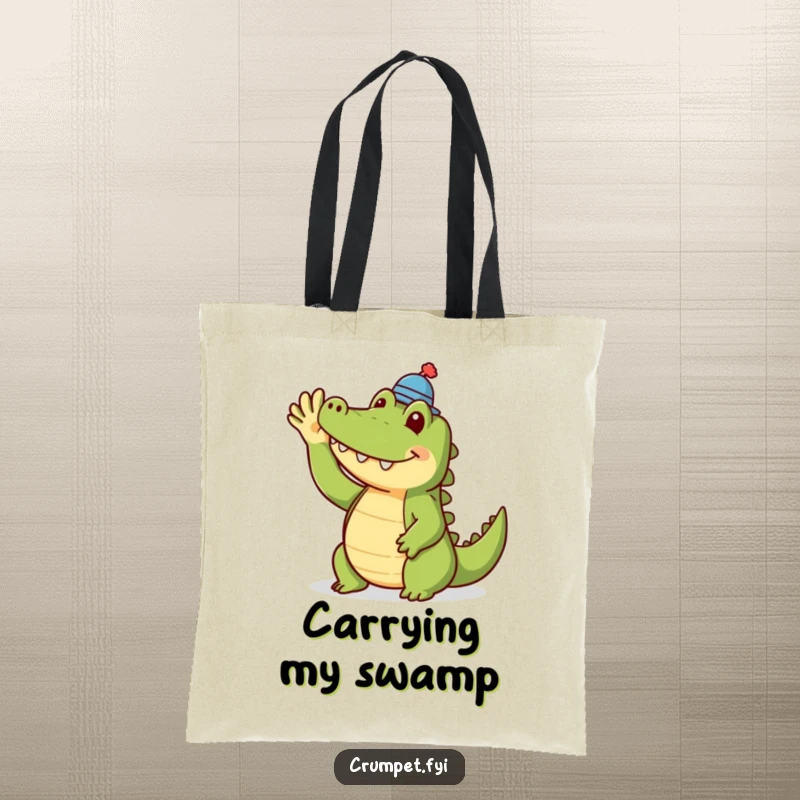 Funny crocodile tote bag with a smiling crocodile in a tiny hat waving hello. A practical and humorous accessory for shopping or daily use.