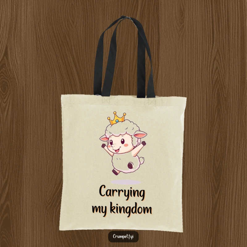 Funny Sheep Tote Bag depicting a fluffy sheep adorned with a crown, captured in a joyful, energetic leap.