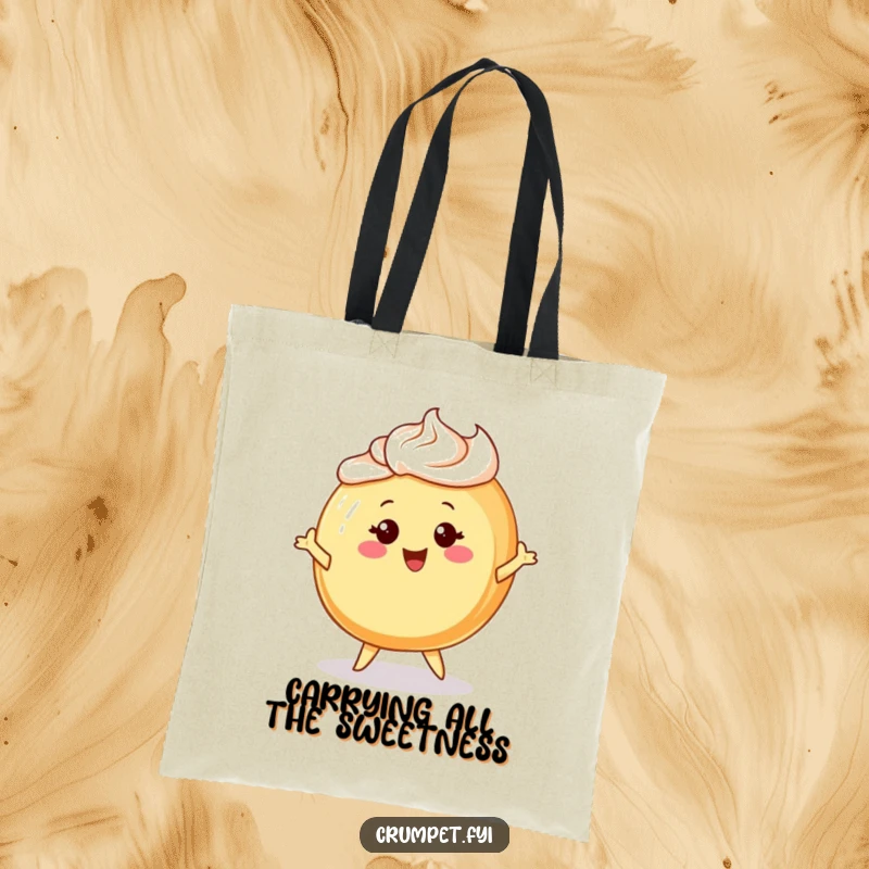 Funny tote bag with a cheerful Danish pastry character with frosting hair, joyfully twirling, perfect for carrying goodies.