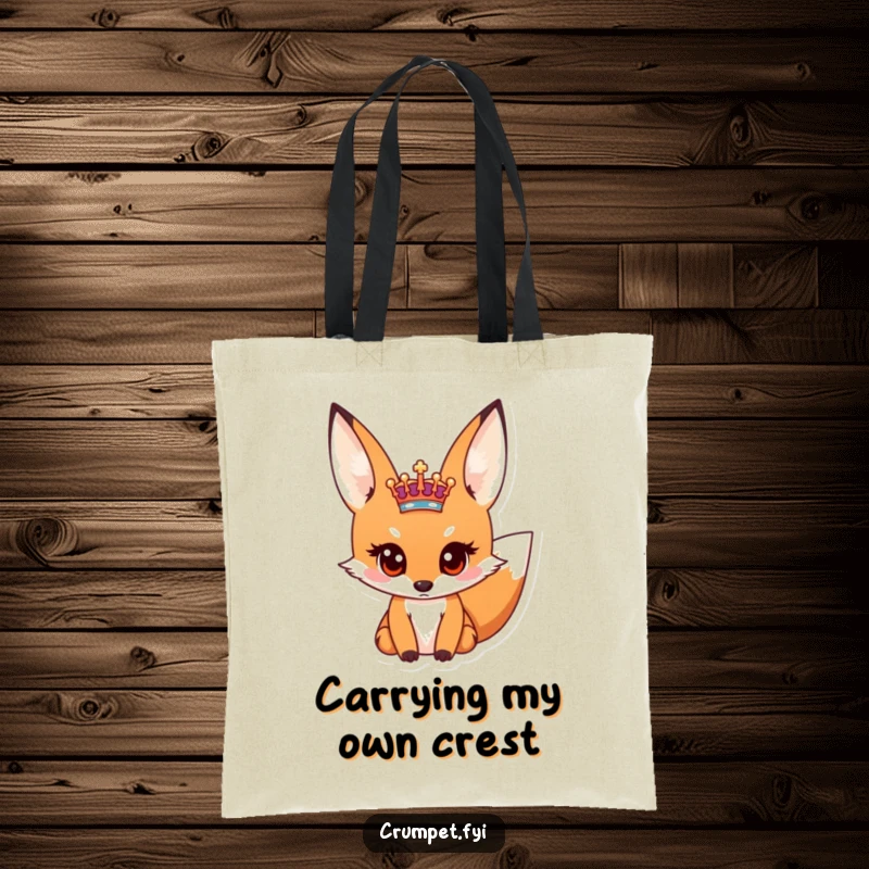 Funny tote bag illustration of a curious fox with big eyes looking at a tiny royal crest, ideal for humor enthusiasts.