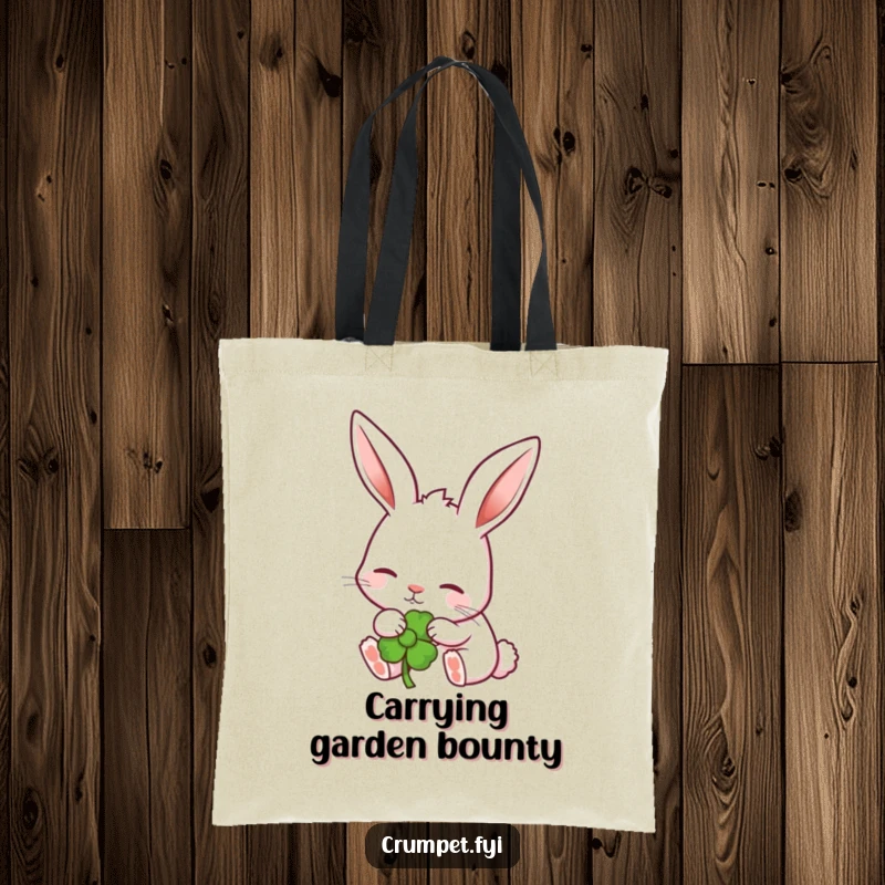 Funny rabbit with perked ears nibbling a garden flower on a durable tote bag. A charming funny gift.