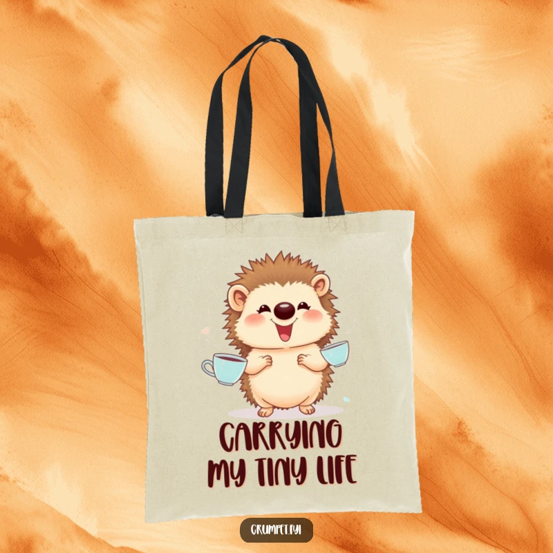 Funny Tote Bag: A giggling hedgehog proudly juggles miniature teacups, showcasing a moment of hilarious, skillful entertainment.