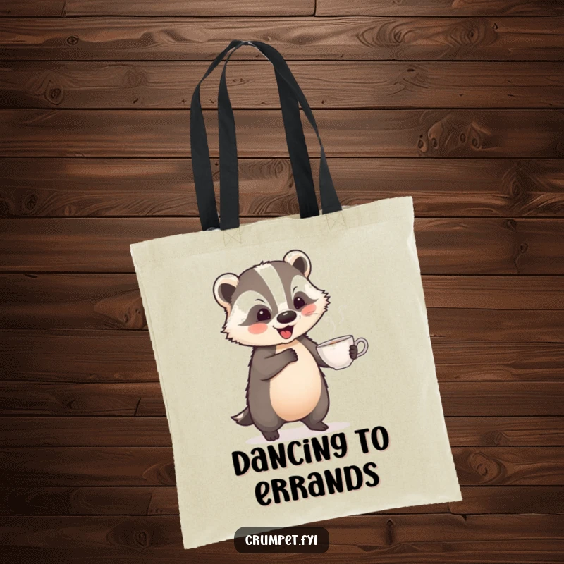 Funny tote bag featuring a playful badger performing a jaunty dance with a teacup, perfect for carrying items with charm.