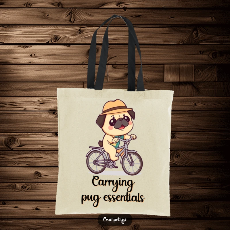 Funny tote bag featuring a happy pug in a bowler hat, riding a miniature bicycle, perfect for carrying essentials with a dose of charming, quirky humor.