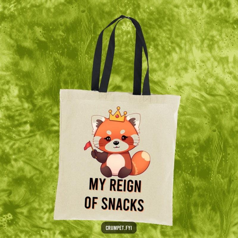 Funny red panda tote bag with a cute red panda wearing a tiny crown and waving a small flag, ready for adventures.