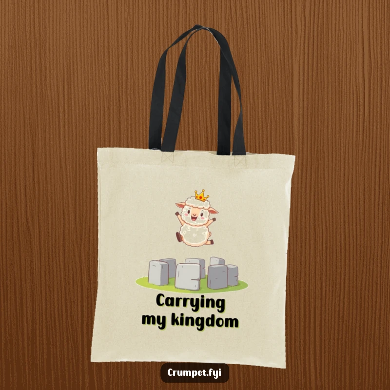 Funny Tote Bag: A fluffy sheep sporting a tiny crown leaps energetically over a miniature Stonehenge.