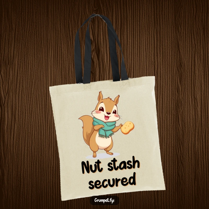 Funny squirrel in scarf doing a silly jig with a crumpet, humorous woodland tote bag.