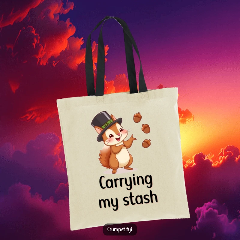Funny squirrel tote bag featuring a squirrel in a bowler hat juggling acorns with glee, perfect for shopping and gift.