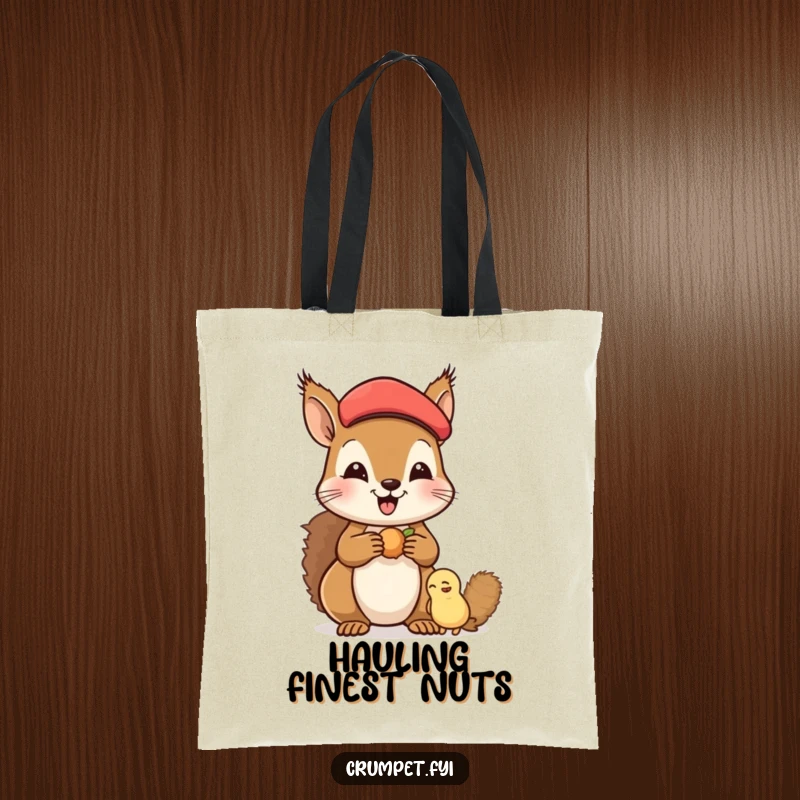 Funny Tote Bag featuring a happy squirrel in a beret sharing nuts with a friend, ideal for daily use with a cute, friendly motif.