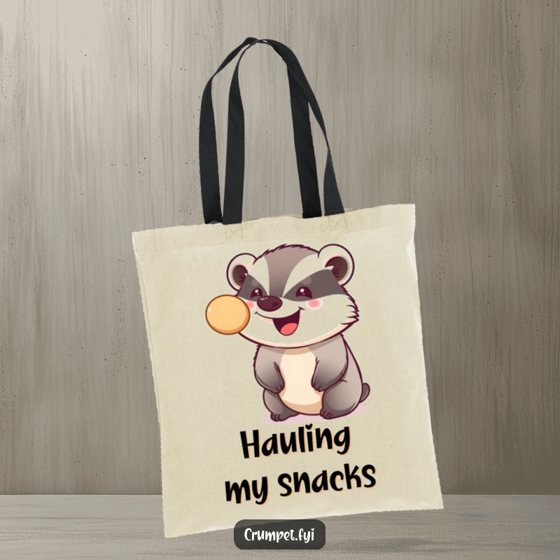 Funny tote bag featuring a smiling badger balancing a crumpet on its nose, perfect for carrying items with whimsical humor.