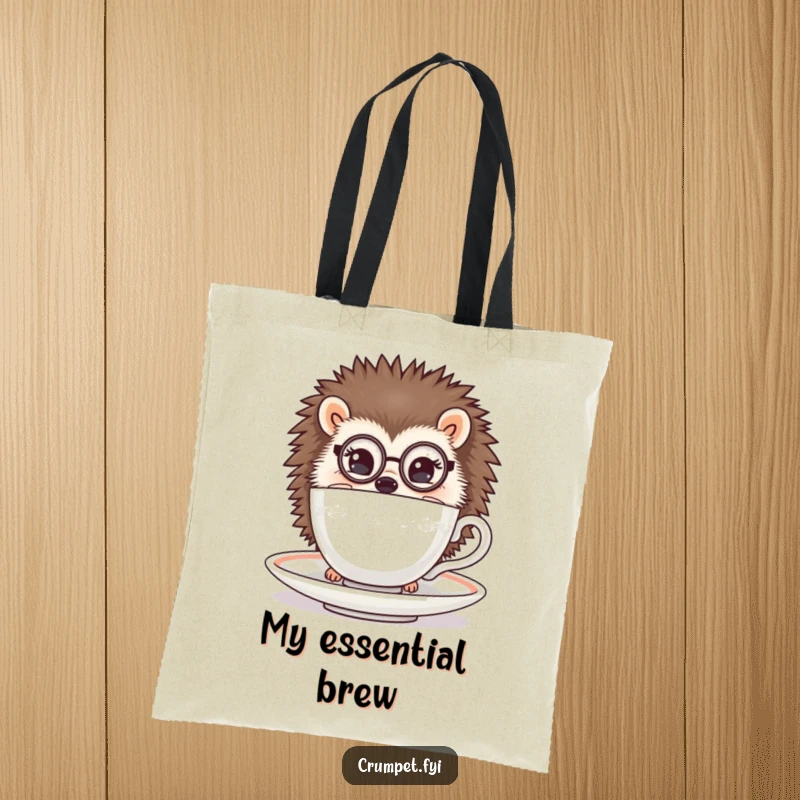 Funny hedgehog tote bag featuring a hedgehog with a monocle peeking behind a teacup, perfect for shopping and gift.