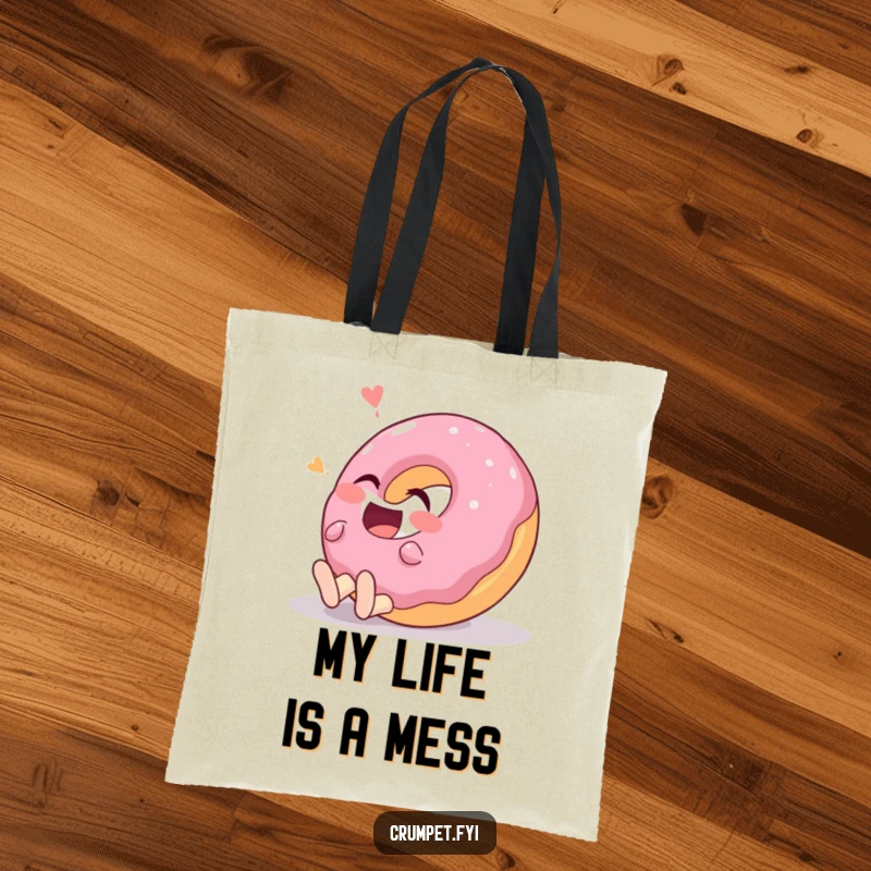 Funny donut character rolling on the ground laughing hysterically on a tote bag, a delightful and amusing accessory.