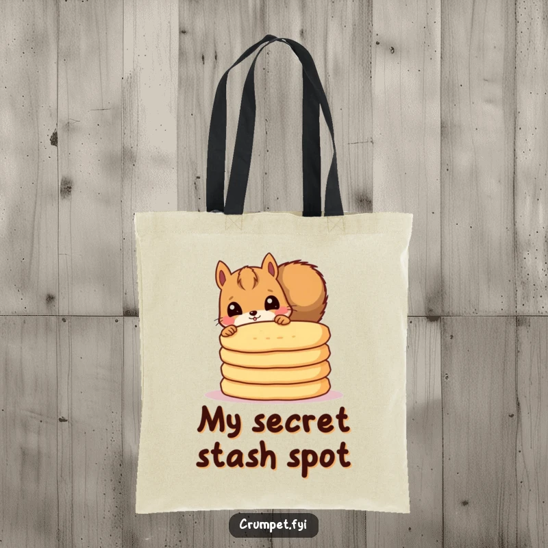 Funny tote bag with a curious squirrel peeking from behind crumpets, a stylish and humorous carrying solution.