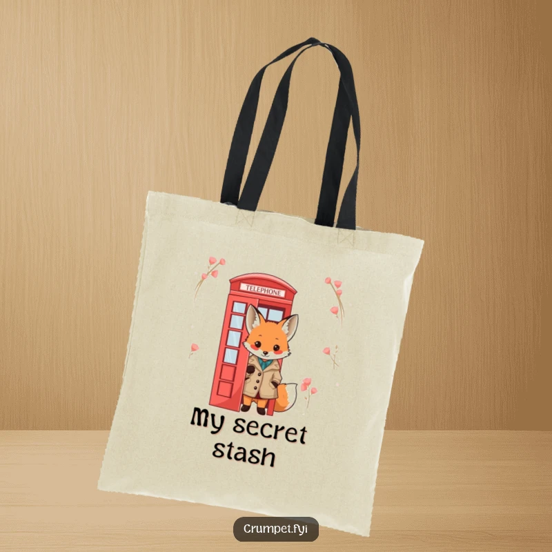 Funny Fox Tote Bag: A cute fox in a tweed jacket peeks from behind a red telephone box, a humorous and stylish carryall.