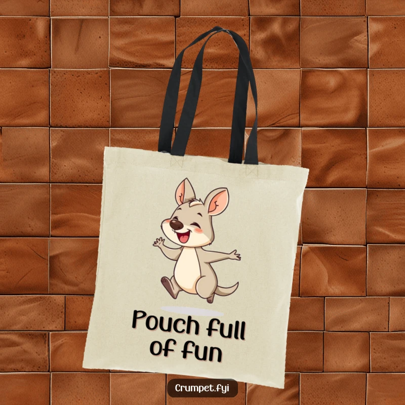 Funny wallaby tote bag with a giggling wallaby hopping energetically. A humorous and fun bag for everyday use.